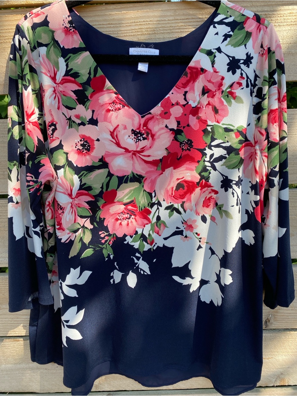 Charter Club 1X Floral V Neck Layered Back Top Navy Pink 3/4 Sleeve